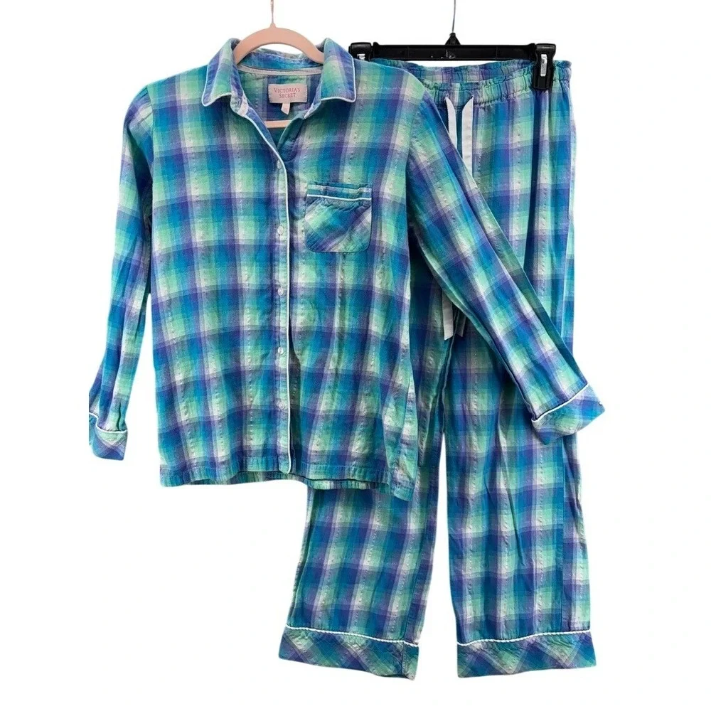 Victoria's Secret Pajama Set Women Small Teal‎ Purple Plaid Metallic